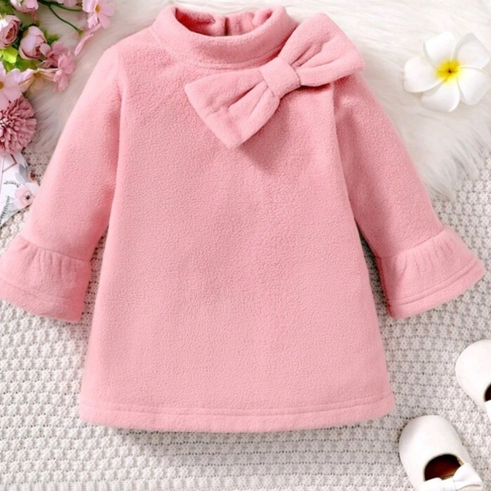Kids NWOT Thick Pink Soft Dress with Big Bow Size 2-3T Flounce Sleeves
